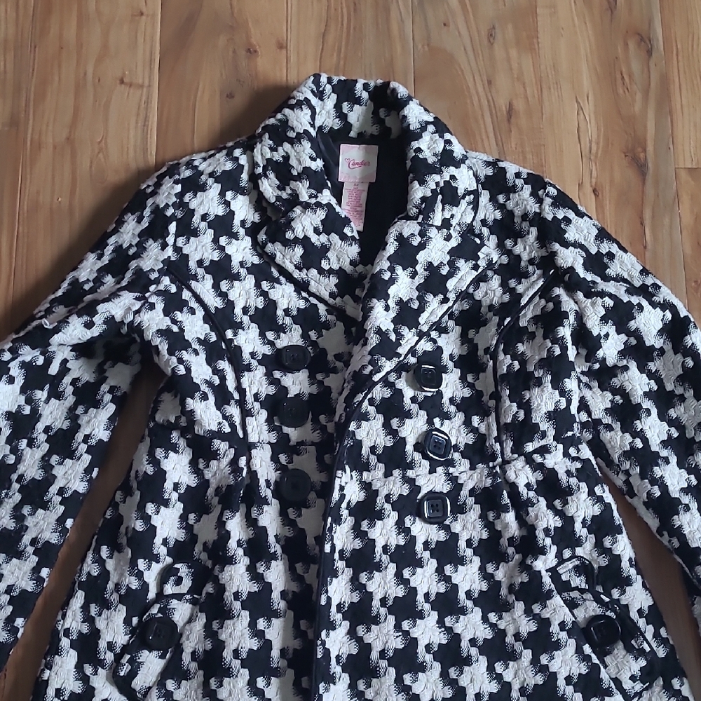 Candie's Black & White Houndstooth Double-Breasted Pea Coat